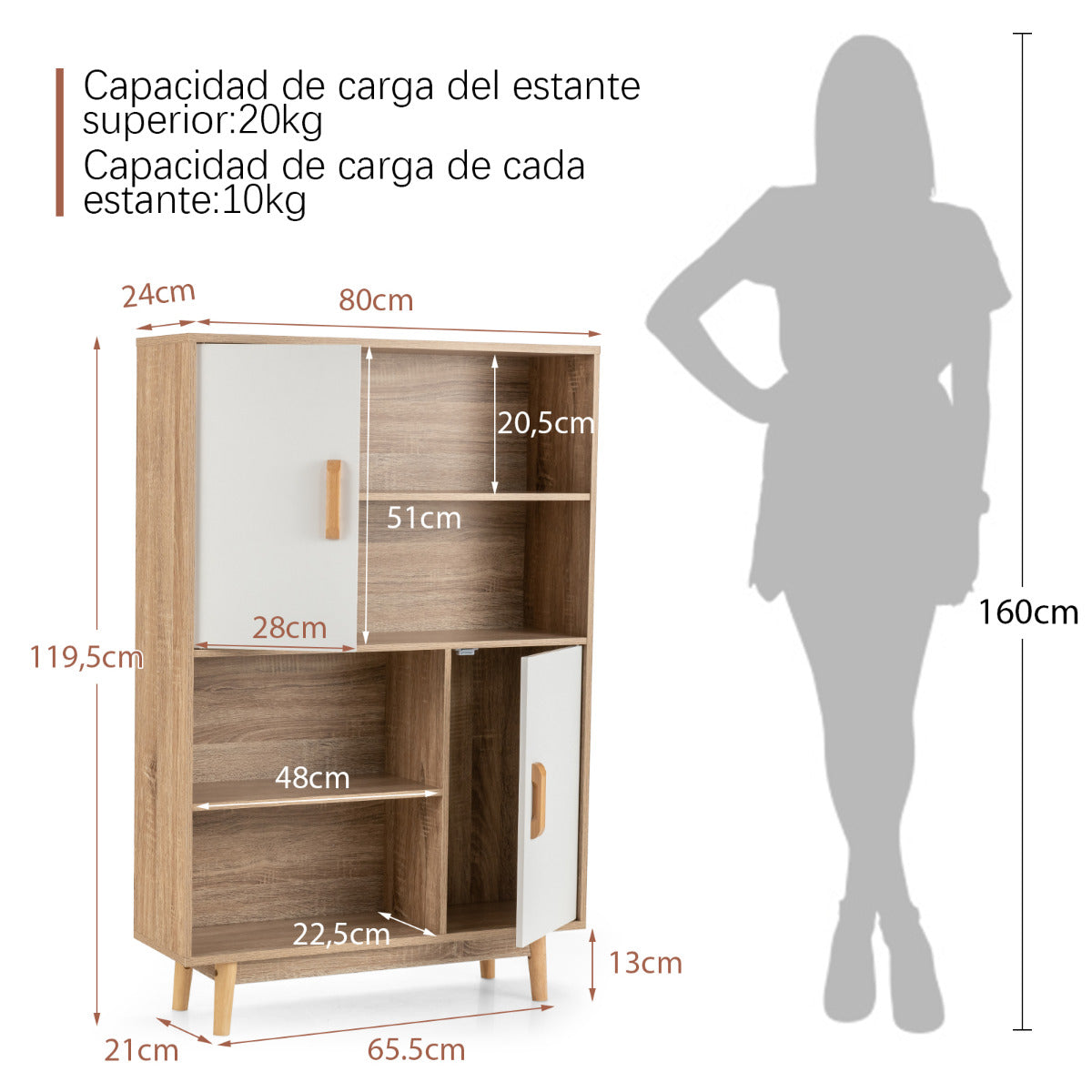 Armario de Madera con 4 Niveles 2 Puertas 4 Repisas Abiertas Antivuelco para Salón Estudio Cocina Blanco 80 x 24 x 119,5 cm