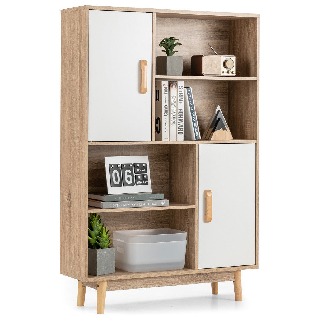 Armario de Madera con 4 Niveles 2 Puertas 4 Repisas Abiertas Antivuelco para Salón Estudio Cocina Blanco 80 x 24 x 119,5 cm