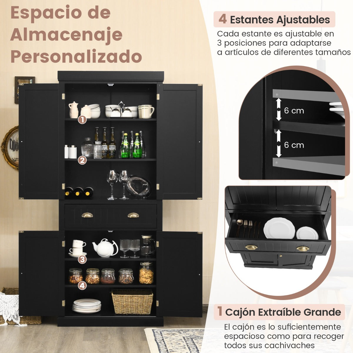 Armario Independiente con Estantes Ajustables Gabinetes de 2 Puertas y Cajón para Sala de Estar Comedor y Pasillo 76 x 40 x 183 cm Negro