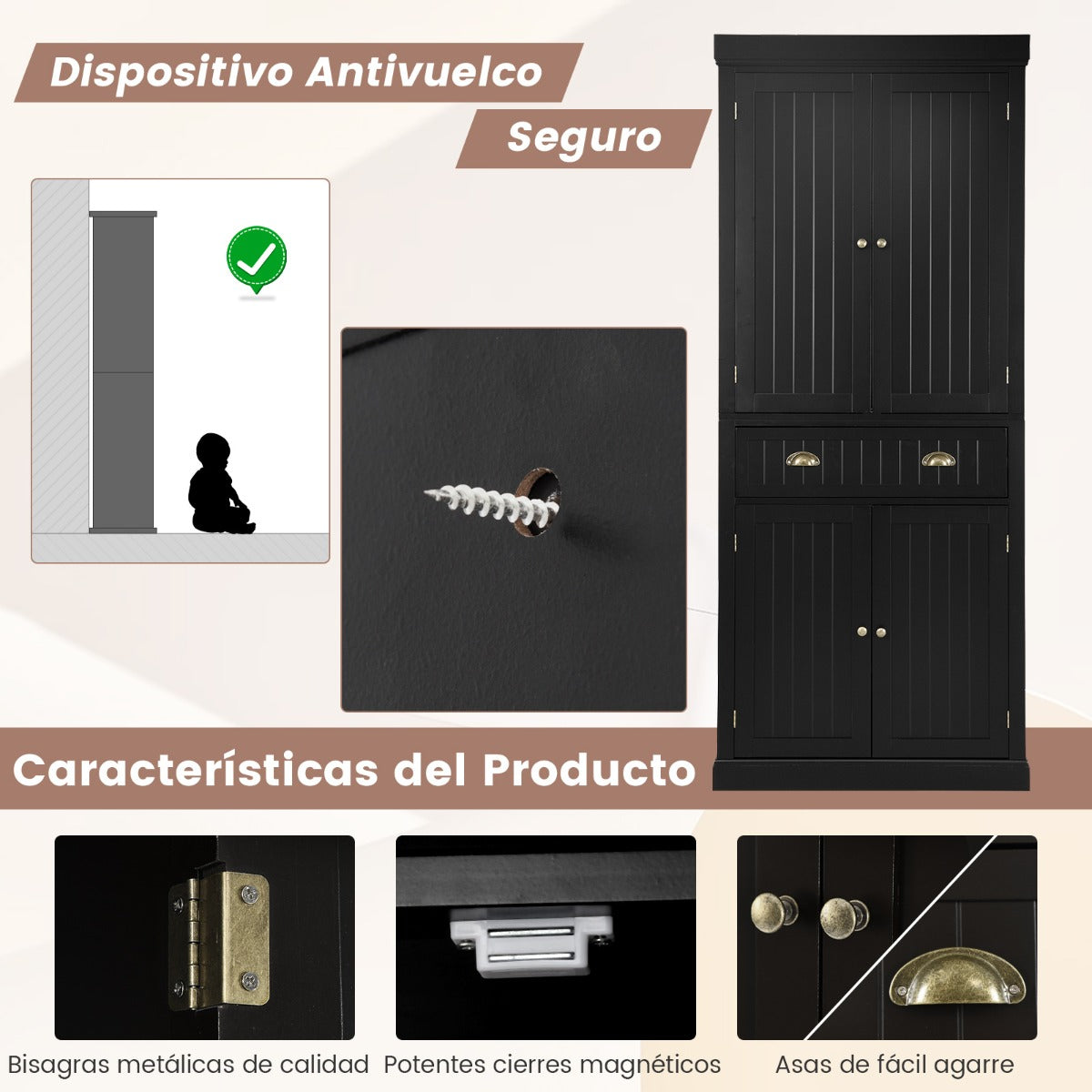 Armario Independiente con Estantes Ajustables Gabinetes de 2 Puertas y Cajón para Sala de Estar Comedor y Pasillo 76 x 40 x 183 cm Negro