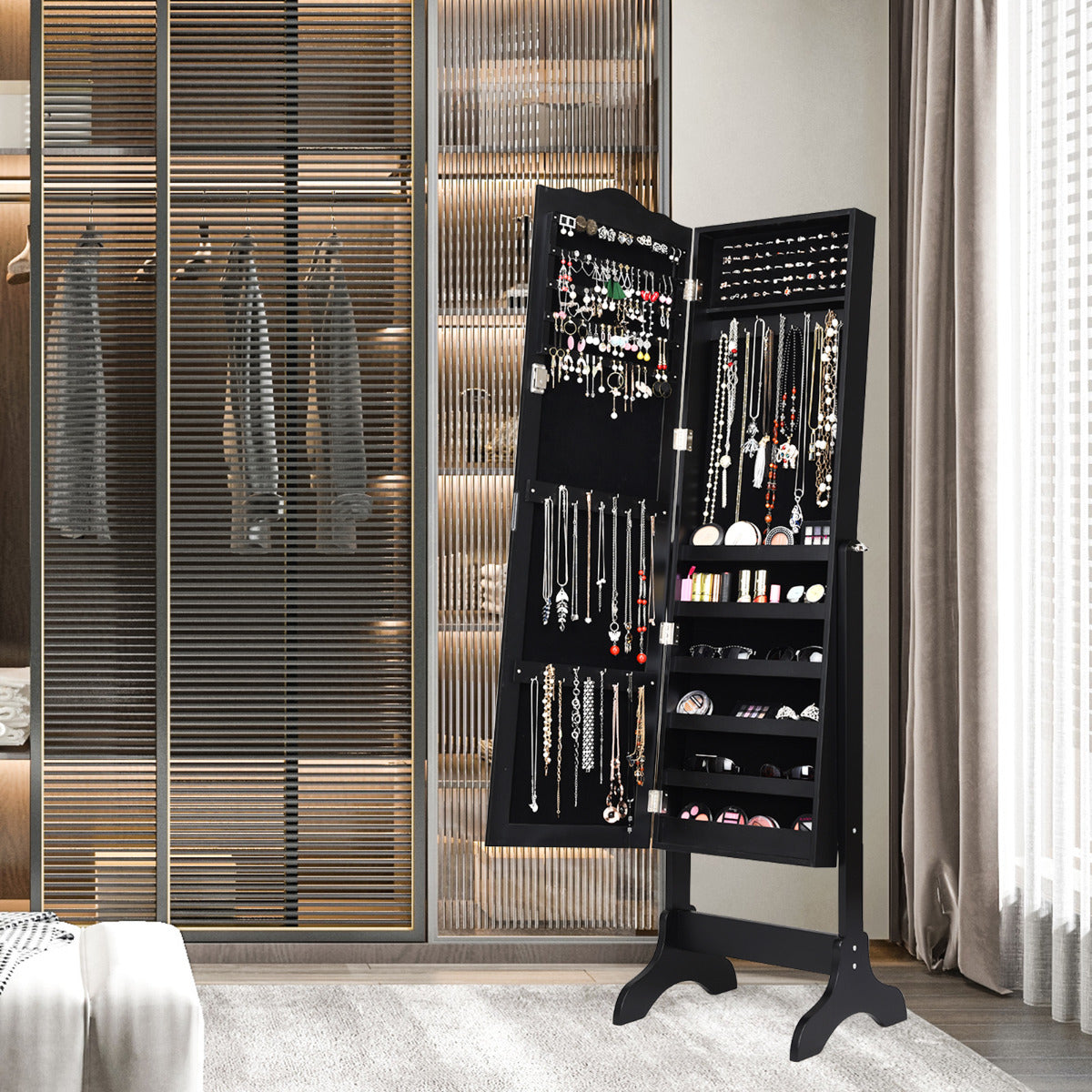 Armario para Joyas con Espejo Inclinación Ajustable Gabinete para Joyería con Cerradura Organizador para Anillos Cadena Pendientes Negro