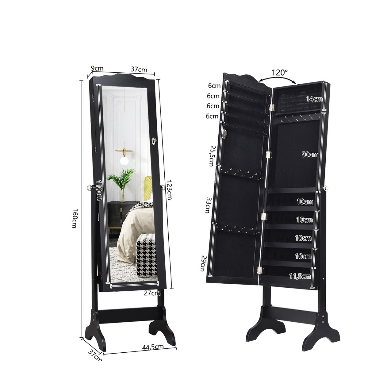 Armario para Joyas con Espejo Inclinación Ajustable Gabinete para Joyería con Cerradura Organizador para Anillos Cadena Pendientes Negro