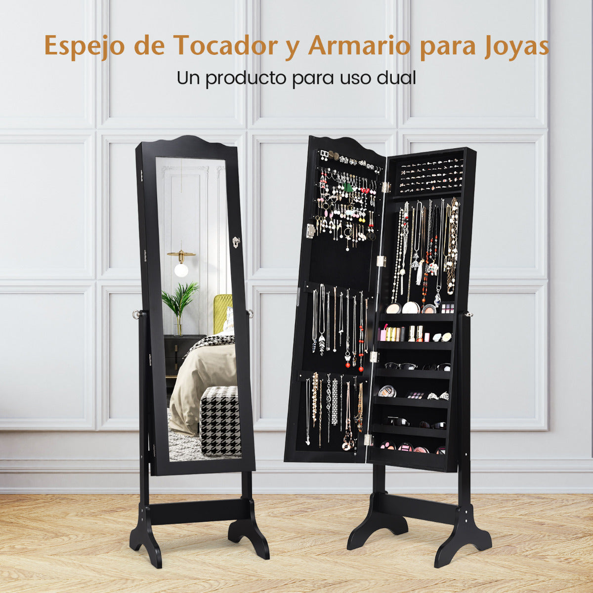 Armario para Joyas con Espejo Inclinación Ajustable Gabinete para Joyería con Cerradura Organizador para Anillos Cadena Pendientes Negro
