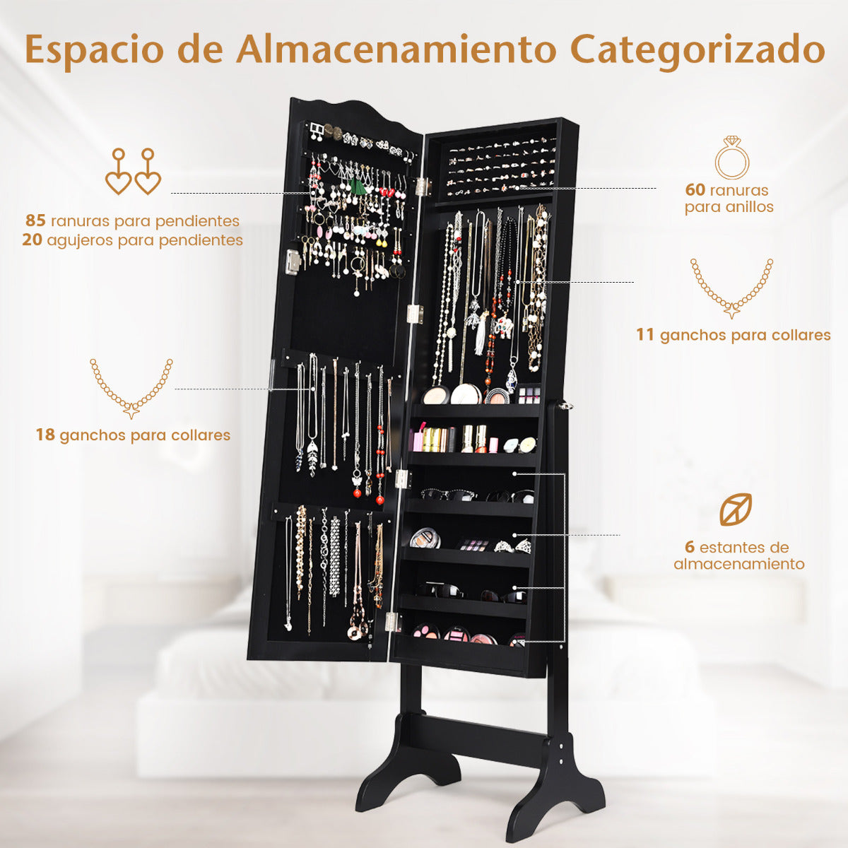 Armario para Joyas con Espejo Inclinación Ajustable Gabinete para Joyería con Cerradura Organizador para Anillos Cadena Pendientes Negro