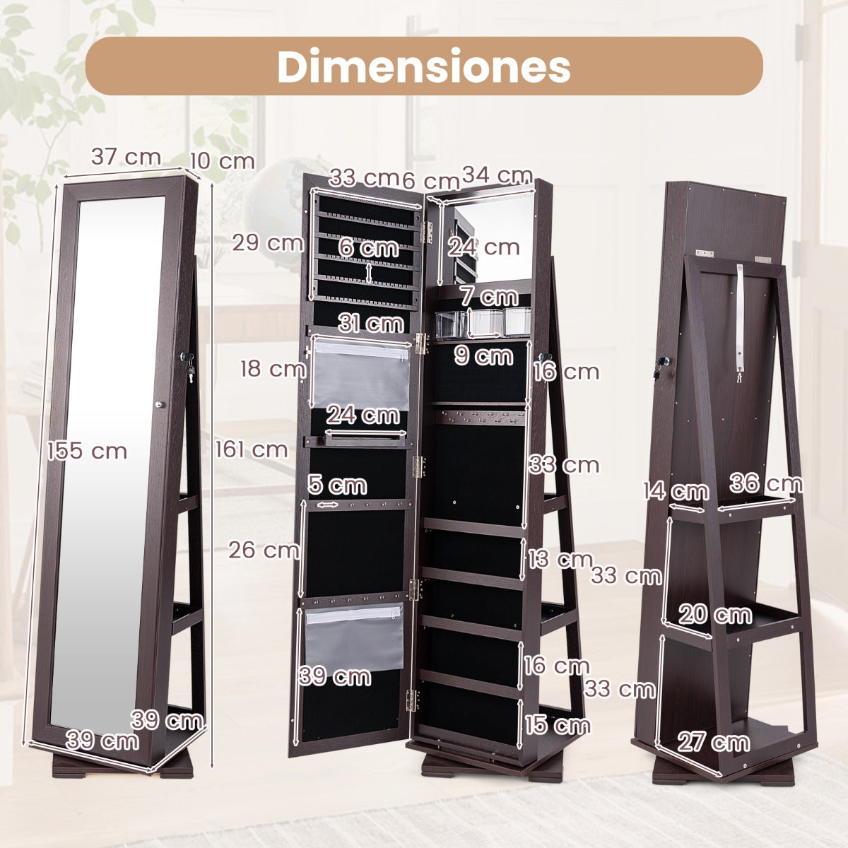Armario Joyero Giratorio a 360° con Espejo Entero Organizador Joyas con Espejo para Maquillarse 38 x 38 x 161 cm Marrón Oscuro