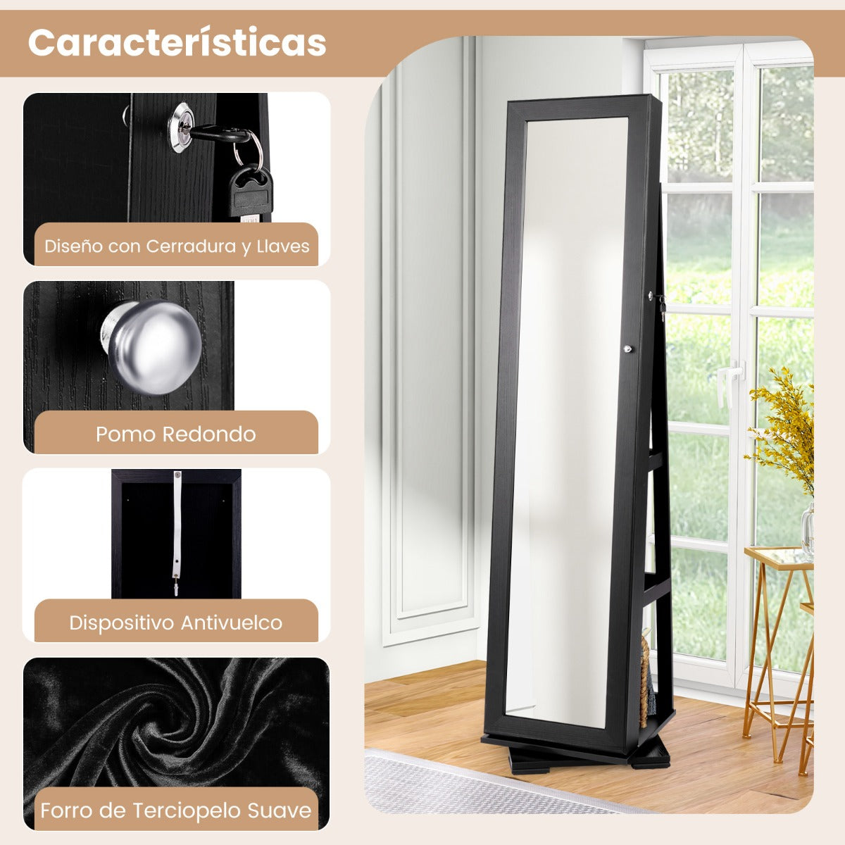 Armario Joyero Giratorio a 360° con Espejo Entero Organizador Joyas con Espejo para Maquillarse 38 x 38 x 161 cm Marrón Oscuro
