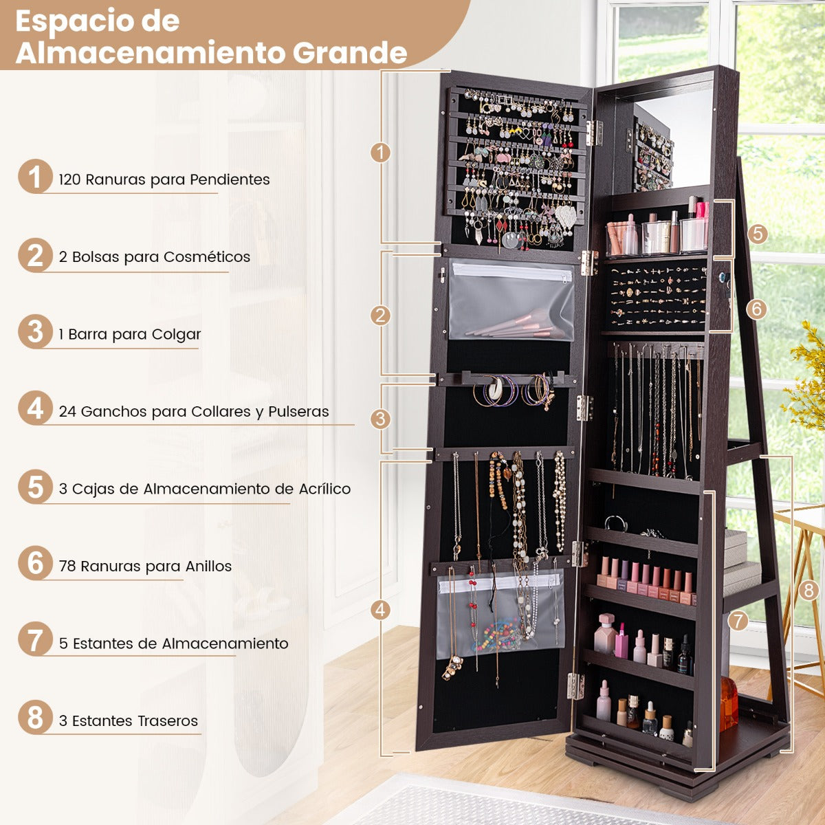 Armario Joyero Giratorio a 360° con Espejo Entero Organizador Joyas con Espejo para Maquillarse 38 x 38 x 161 cm Marrón Oscuro