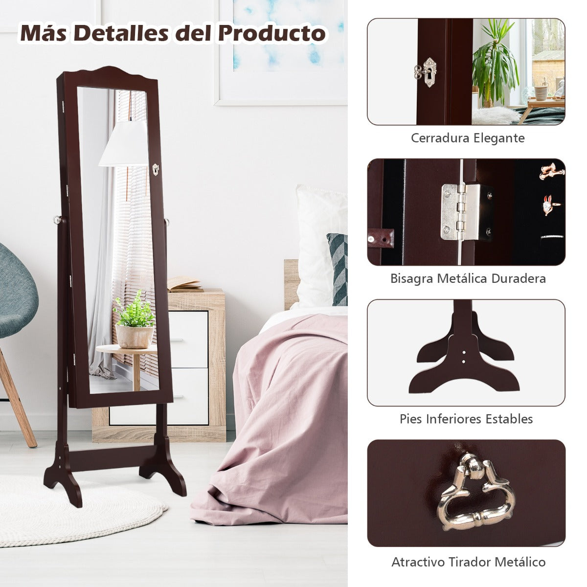 Armario Joyero con 14 Luces LED y 2 Cajones Regulable en 4 Ángulos Ideal para Dormitorio 41,5 x 37 x 160 cm Marrón