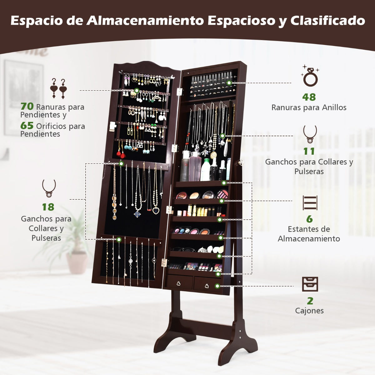 Armario Joyero con 14 Luces LED y 2 Cajones Regulable en 4 Ángulos Ideal para Dormitorio 41,5 x 37 x 160 cm Marrón