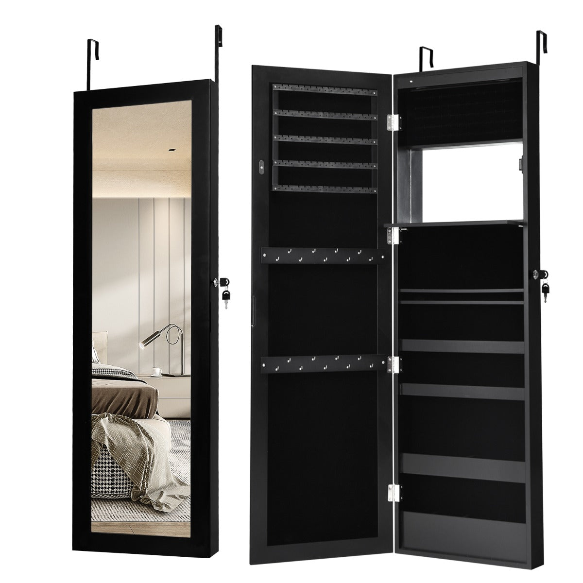 Armario Joyero con Espejo de 12 LED Organizador de Joyas Montado en Pared Caja de Joyería 37 x 8,5 x 120 cm Negro