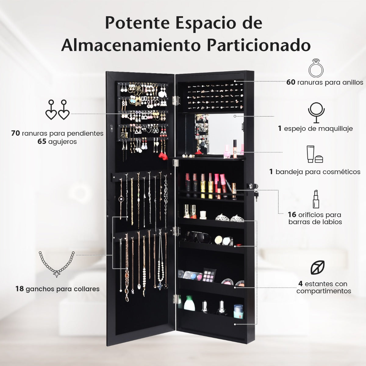 Armario Joyero con Espejo de 12 LED Organizador de Joyas Montado en Pared Caja de Joyería 37 x 8,5 x 120 cm Negro