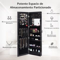 Armario Joyero con Espejo de 12 LED Organizador de Joyas Montado en Pared Caja de Joyería 37 x 8,5 x 120 cm Negro