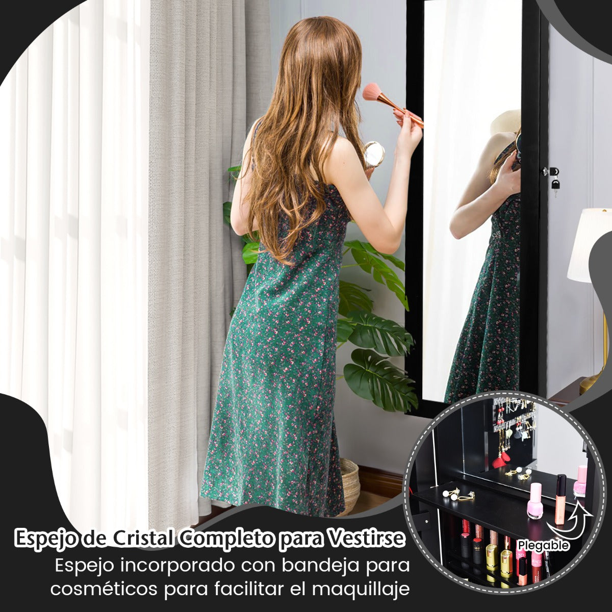 Armario Joyero con Espejo de 12 LED Organizador de Joyas Montado en Pared Caja de Joyería 37 x 8,5 x 120 cm Negro