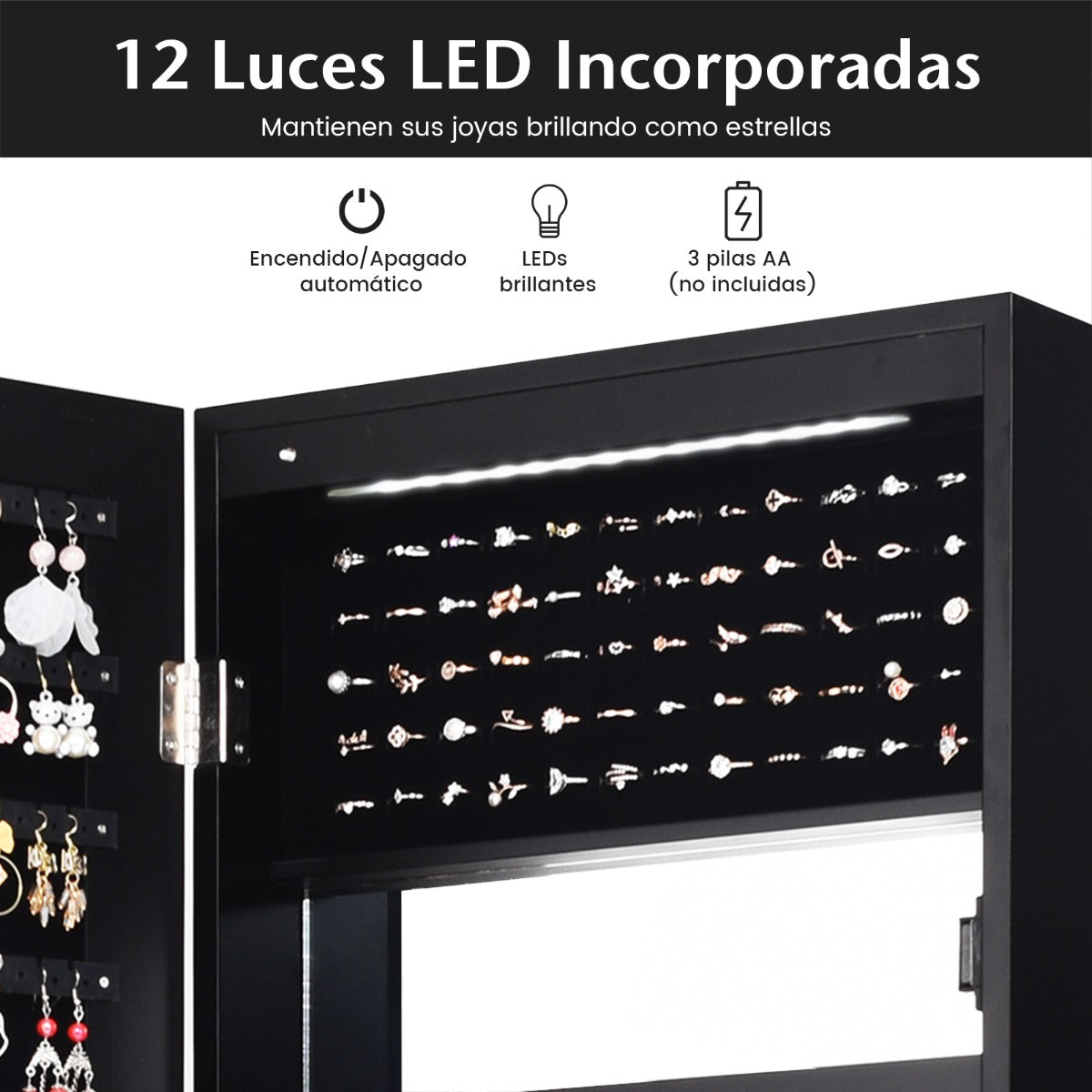Armario Joyero con Espejo de 12 LED Organizador de Joyas Montado en Pared Caja de Joyería 37 x 8,5 x 120 cm Negro