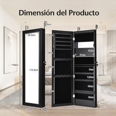 Armario Joyero con Espejo de 12 LED Organizador de Joyas Montado en Pared Caja de Joyería 37 x 8,5 x 120 cm Negro