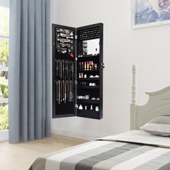 Armario Joyero con Espejo de 12 LED Organizador de Joyas Montado en Pared Caja de Joyería 37 x 8,5 x 120 cm Negro
