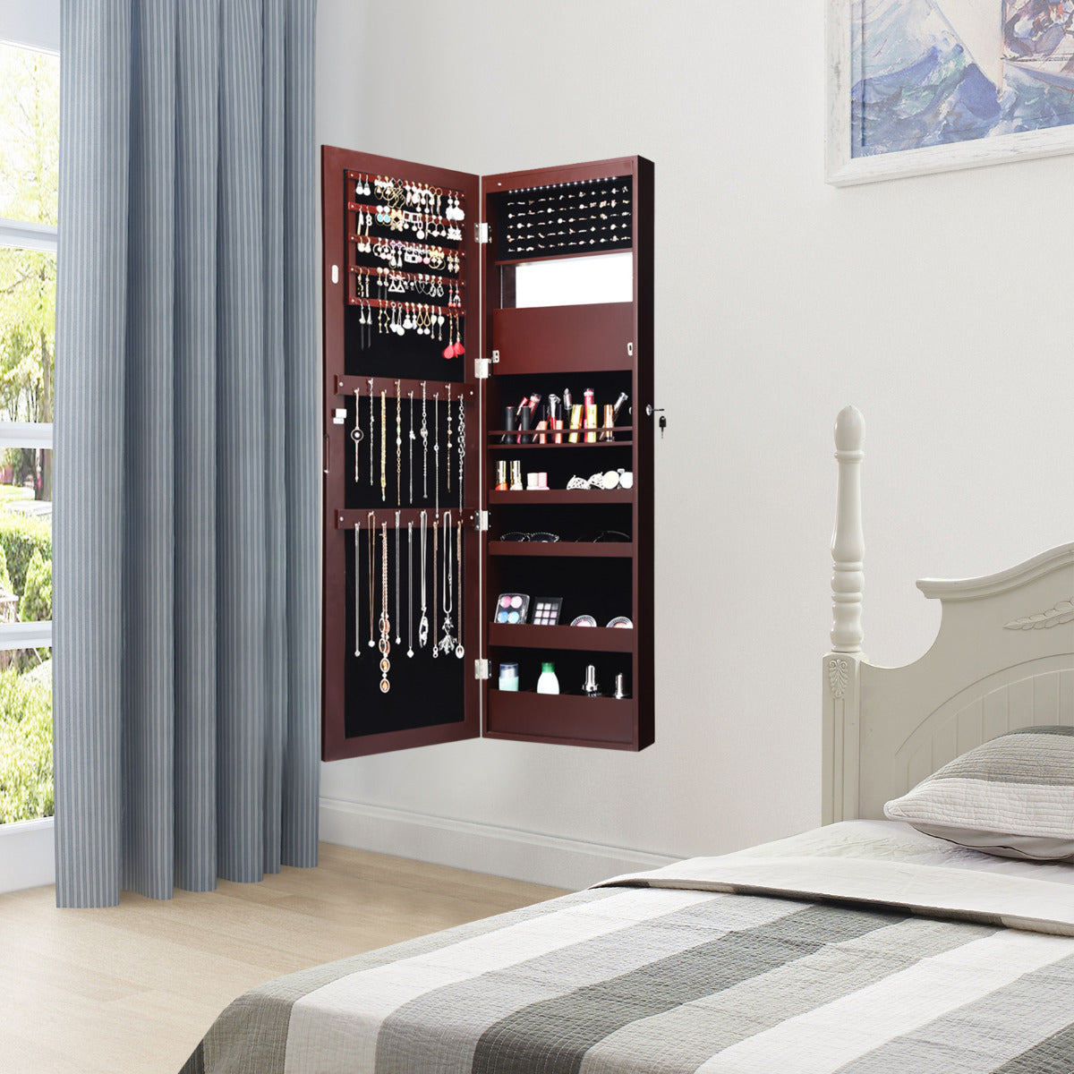 Armario Joyero con Espejo de 12 LED Organizador de Joyas Montado en Pared Caja de Joyería 37 x 8,5 x 120 cm Marrón