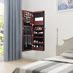 Armario Joyero con Espejo de 12 LED Organizador de Joyas Montado en Pared Caja de Joyería 37 x 8,5 x 120 cm Marrón