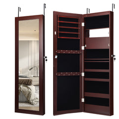 Armario Joyero con Espejo de 12 LED Organizador de Joyas Montado en Pared Caja de Joyería 37 x 8,5 x 120 cm Marrón