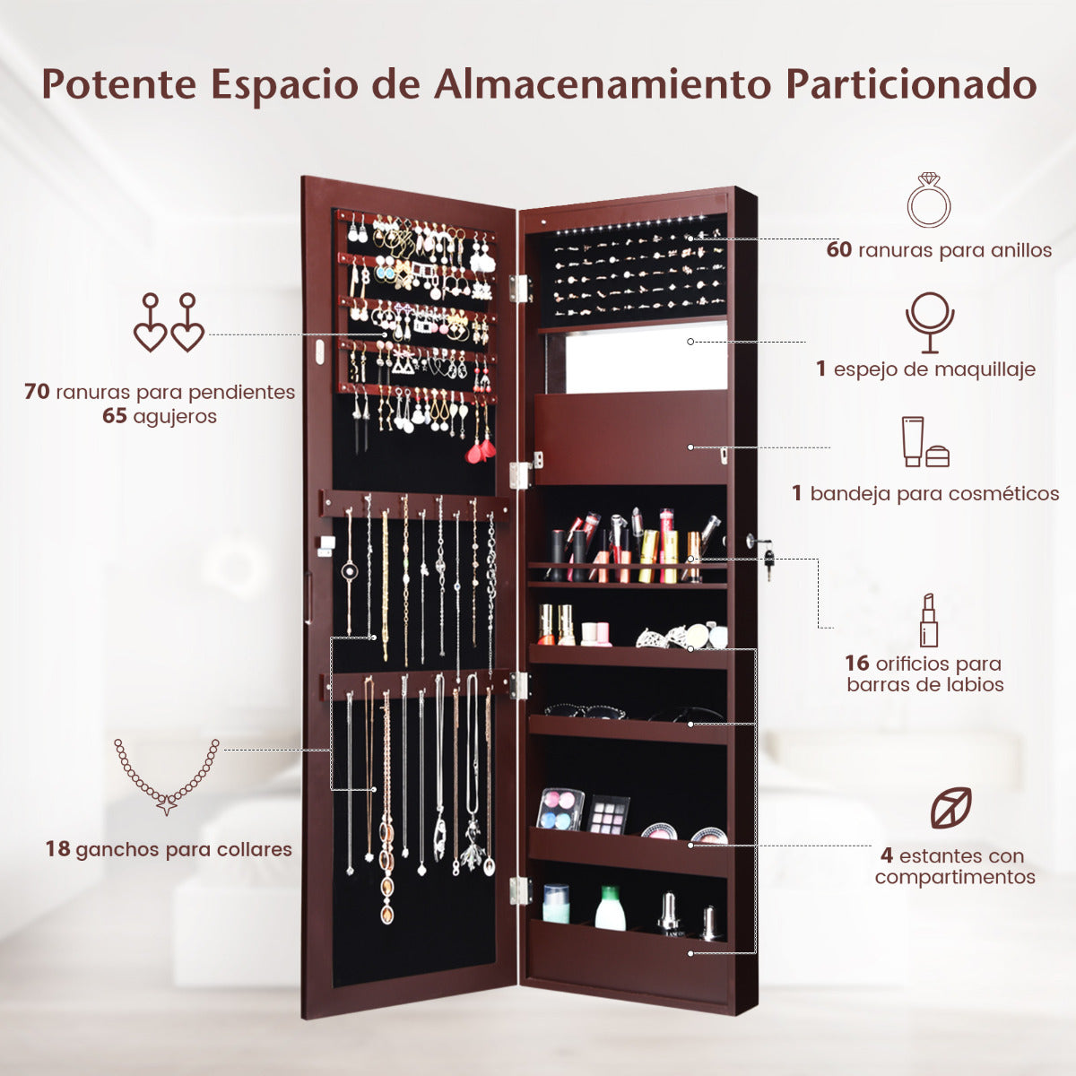 Armario Joyero con Espejo de 12 LED Organizador de Joyas Montado en Pared Caja de Joyería 37 x 8,5 x 120 cm Marrón