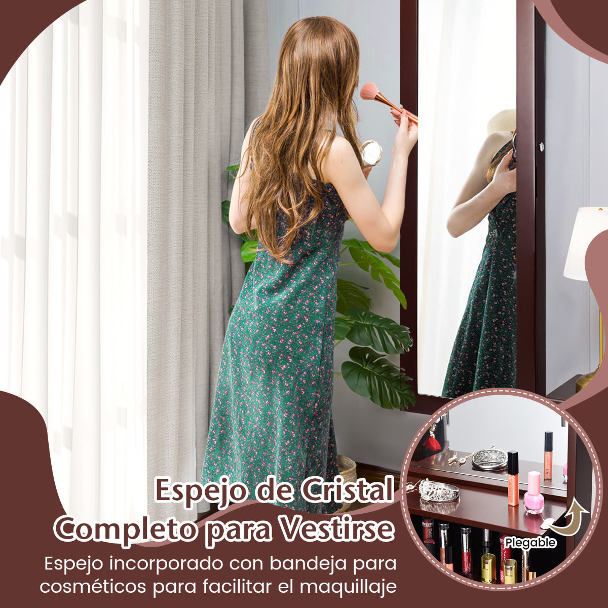 Armario Joyero con Espejo de 12 LED Organizador de Joyas Montado en Pared Caja de Joyería 37 x 8,5 x 120 cm Marrón