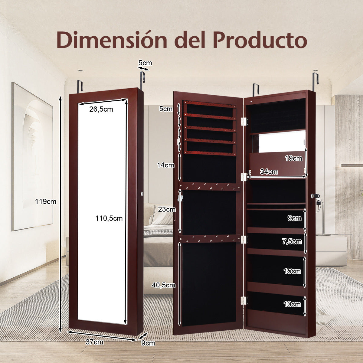 Armario Joyero con Espejo de 12 LED Organizador de Joyas Montado en Pared Caja de Joyería 37 x 8,5 x 120 cm Marrón