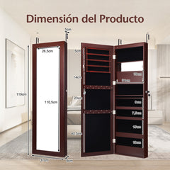 Armario Joyero con Espejo de 12 LED Organizador de Joyas Montado en Pared Caja de Joyería 37 x 8,5 x 120 cm Marrón
