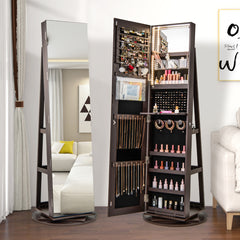 Armario Joyero Giratorio 360° con Luces LED Espejo de Cuerpo Entero Estantes de Almacenamiento 54,5 x 161 cm Café Oscuro