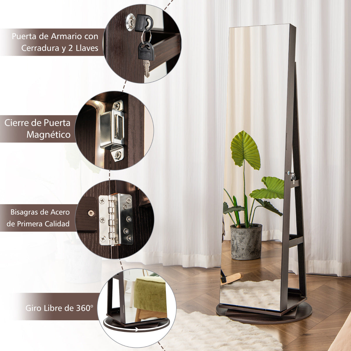 Armario Joyero Giratorio 360° con Luces LED Espejo de Cuerpo Entero Estantes de Almacenamiento 54,5 x 161 cm Café Oscuro