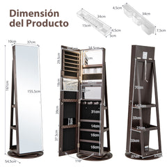 Armario Joyero Giratorio 360° con Luces LED Espejo de Cuerpo Entero Estantes de Almacenamiento 54,5 x 161 cm Café Oscuro