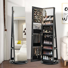 Armario Joyero Giratorio 360° con Luces LED Espejo de Cuerpo Entero Estantes de Almacenamiento 54,5 x 161 cm Negro