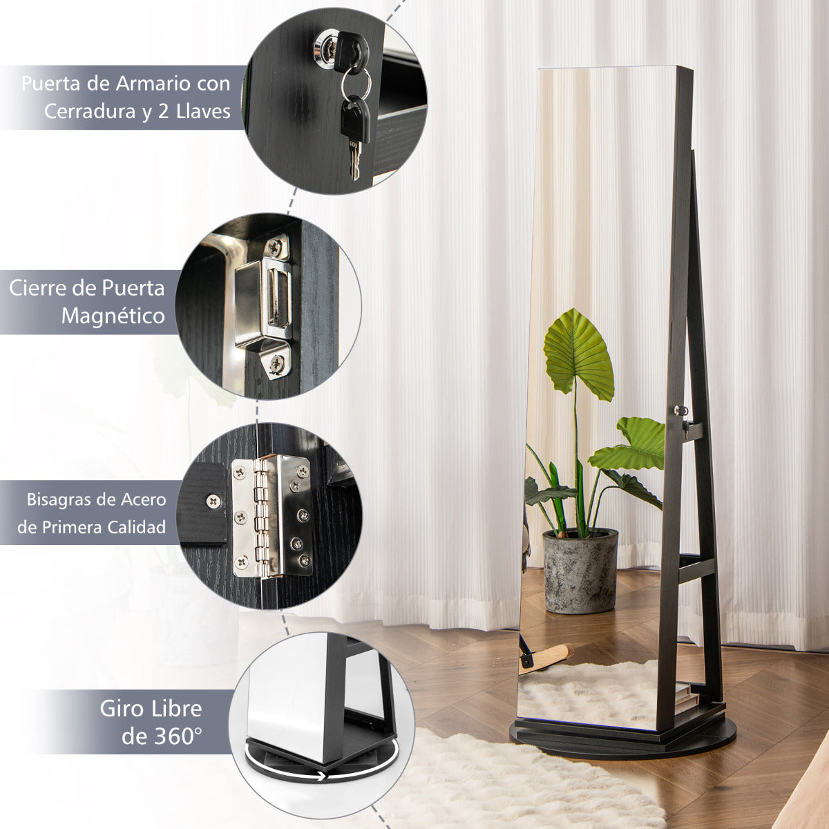 Armario Joyero Giratorio 360° con Luces LED Espejo de Cuerpo Entero Estantes de Almacenamiento 54,5 x 161 cm Negro