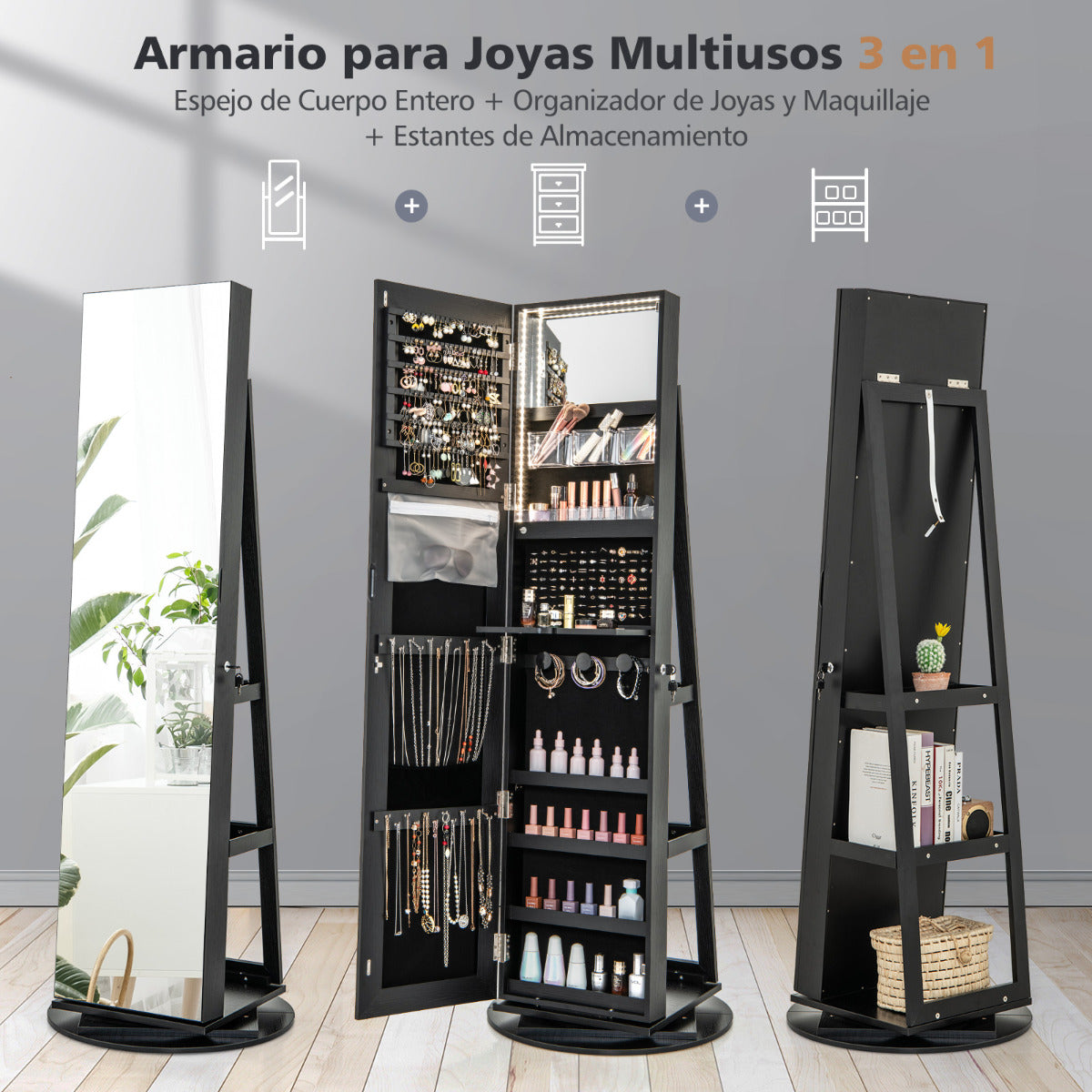 Armario Joyero Giratorio 360° con Luces LED Espejo de Cuerpo Entero Estantes de Almacenamiento 54,5 x 161 cm Negro