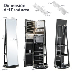 Armario Joyero Giratorio 360° con Luces LED Espejo de Cuerpo Entero Estantes de Almacenamiento 54,5 x 161 cm Negro