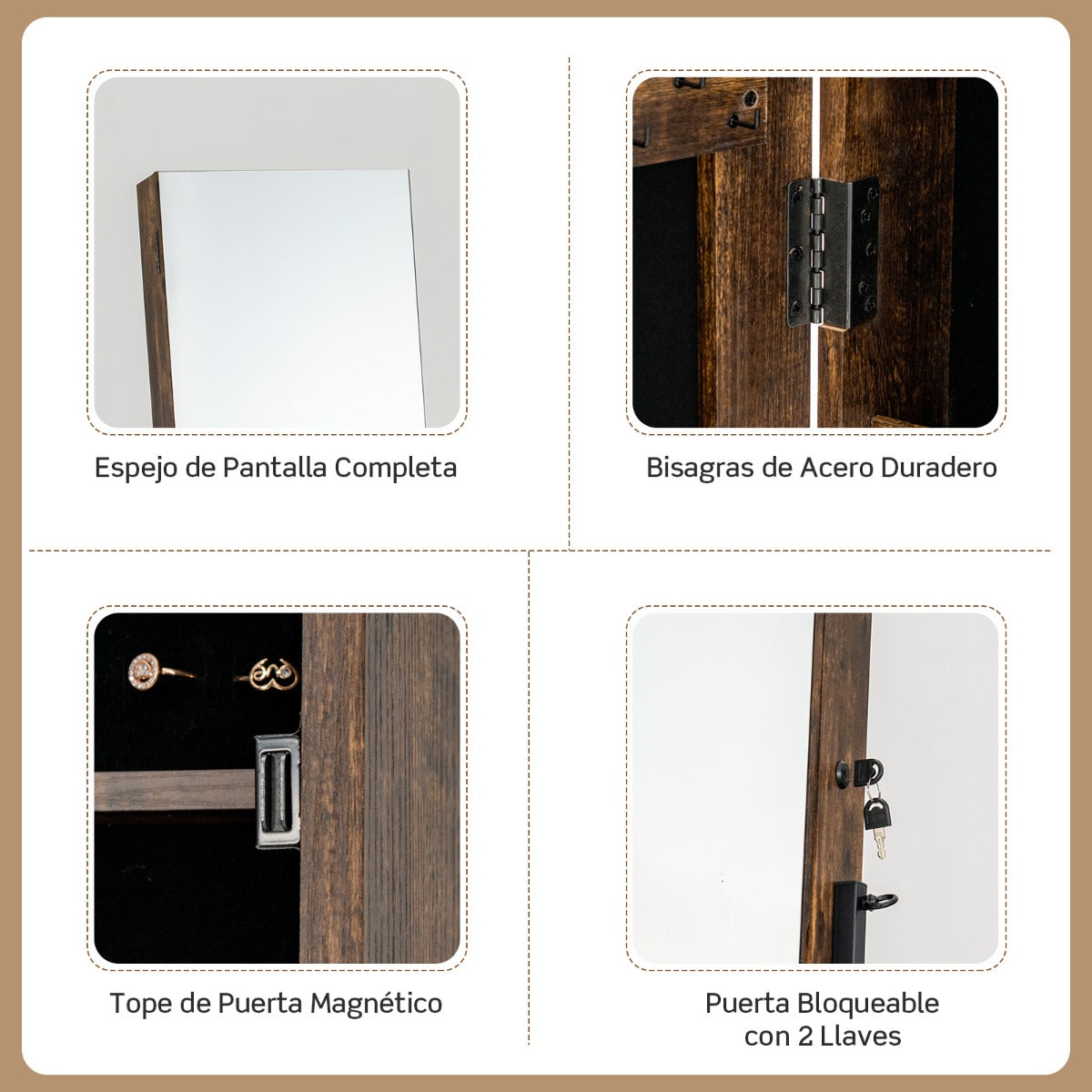 Armario para Joyas de Pie con Espejo de Cuerpo Entero Organizador de Joyas con Puerta Cajones Ruedas Bloqueables 42 x 38 x 157 cm Marrón