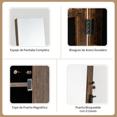 Armario para Joyas de Pie con Espejo de Cuerpo Entero Organizador de Joyas con Puerta Cajones Ruedas Bloqueables 42 x 38 x 157 cm Marrón