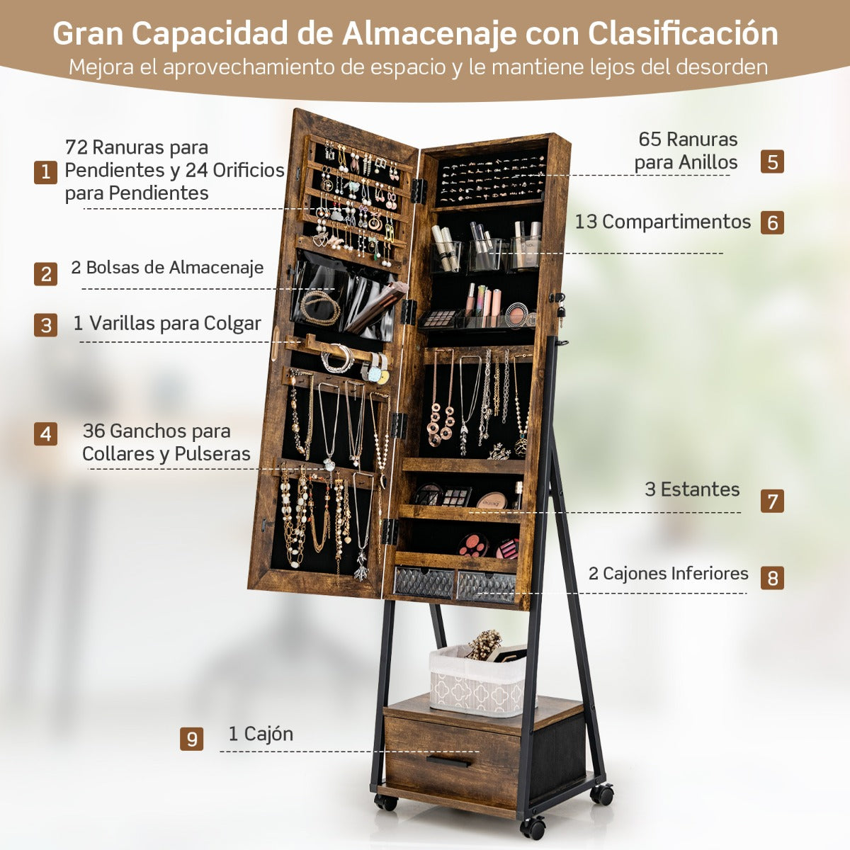 Armario para Joyas de Pie con Espejo de Cuerpo Entero Organizador de Joyas con Puerta Cajones Ruedas Bloqueables 42 x 38 x 157 cm Marrón