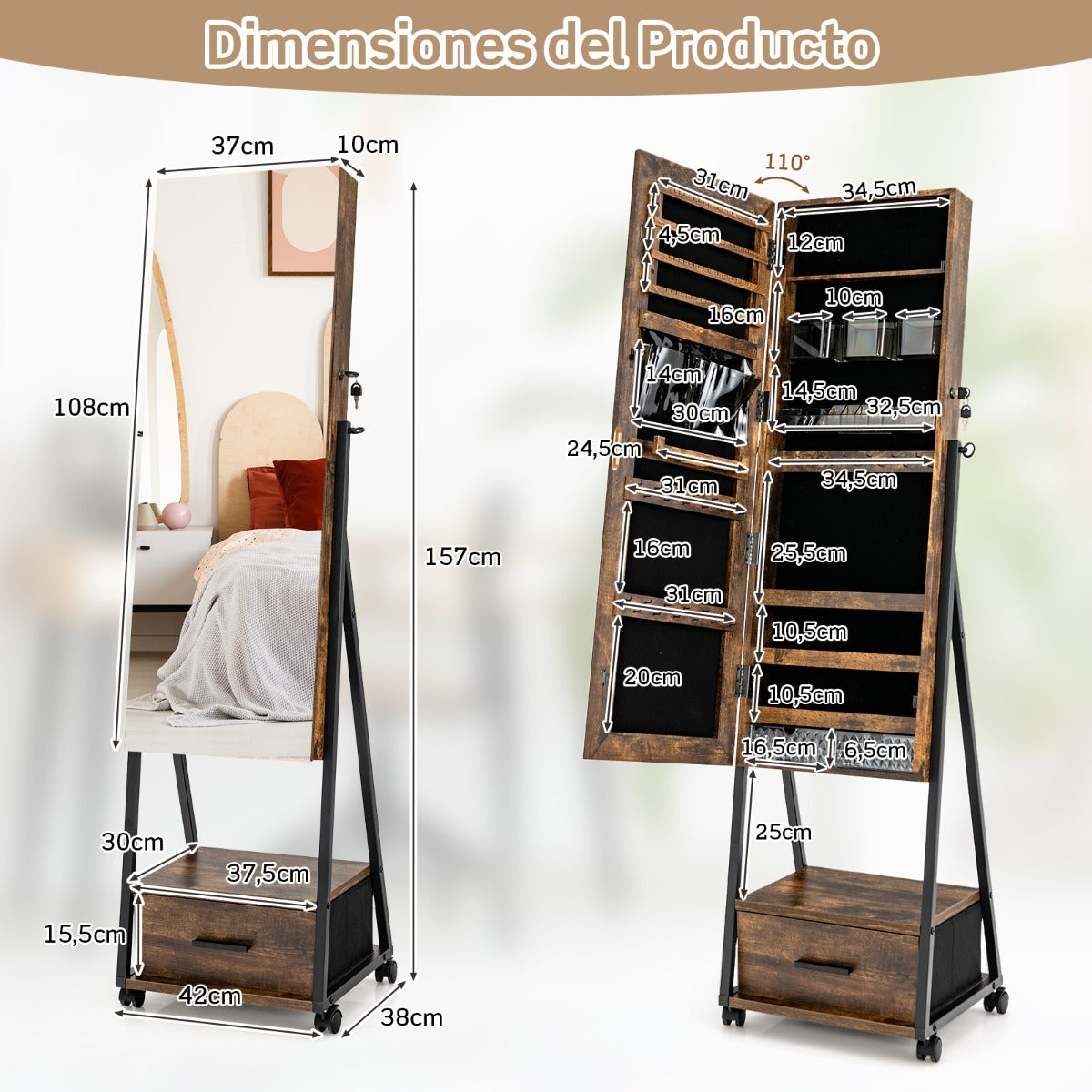 Armario para Joyas de Pie con Espejo de Cuerpo Entero Organizador de Joyas con Puerta Cajones Ruedas Bloqueables 42 x 38 x 157 cm Marrón