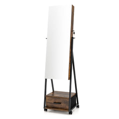 Armario para Joyas de Pie con Espejo de Cuerpo Entero Organizador de Joyas con Puerta Cajones Ruedas Bloqueables 42 x 38 x 157 cm Marrón