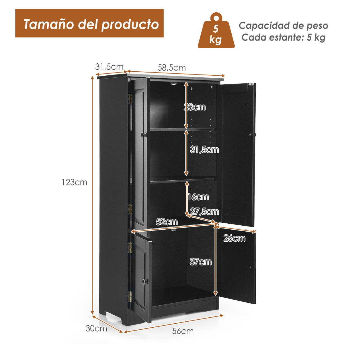 Armario Vertical Armario de Doble Puerta con Repisa Regulable Dispositivo Antivuelco Organizador para Salón Dormitorio Baño Negro