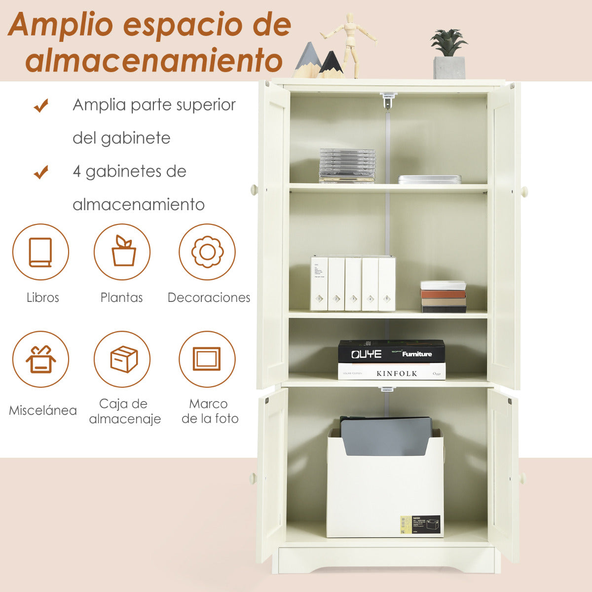 Armario Vertical Armario de Doble Puerta con Repisa Regulable Dispositivo Antivuelco Organizador para Salón Dormitorio Baño Beige