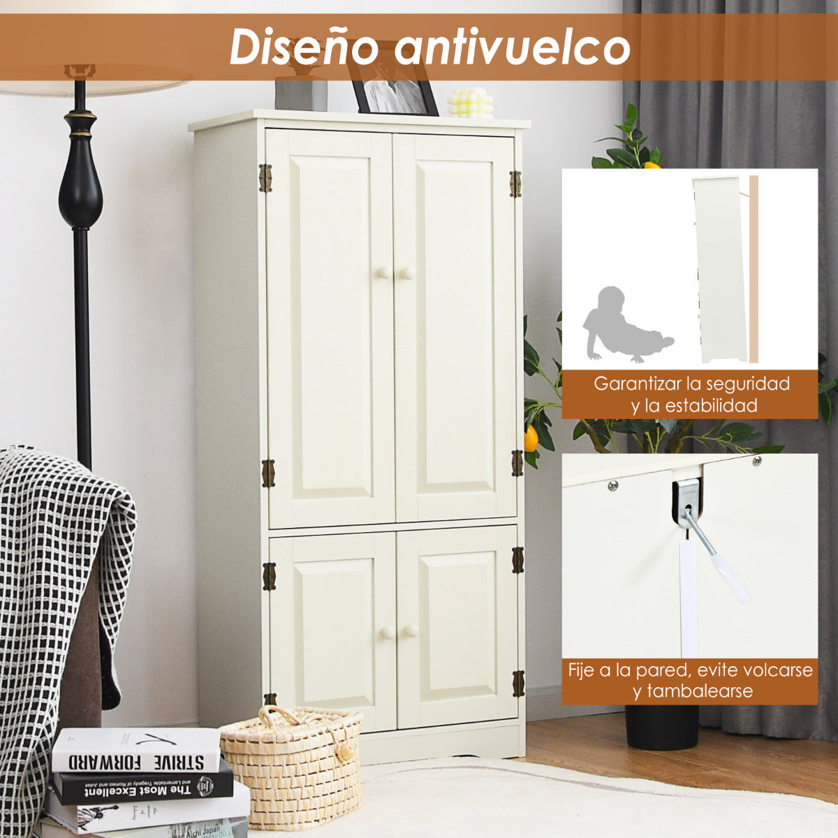 Armario Vertical Armario de Doble Puerta con Repisa Regulable Dispositivo Antivuelco Organizador para Salón Dormitorio Baño Beige