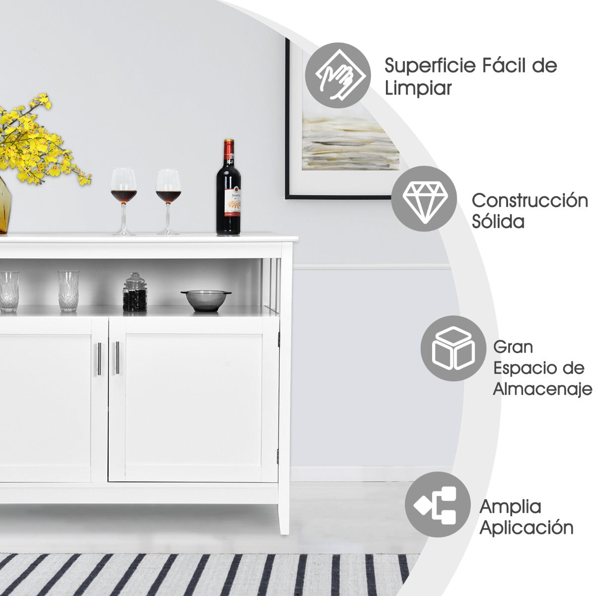 Aparador Moderno de Cocina con Estante Regulable y 2 Puertas Mueble Auxiliar Tabla de Madera para Comedor y Salón 114 x 51 x 91 cm Blanco