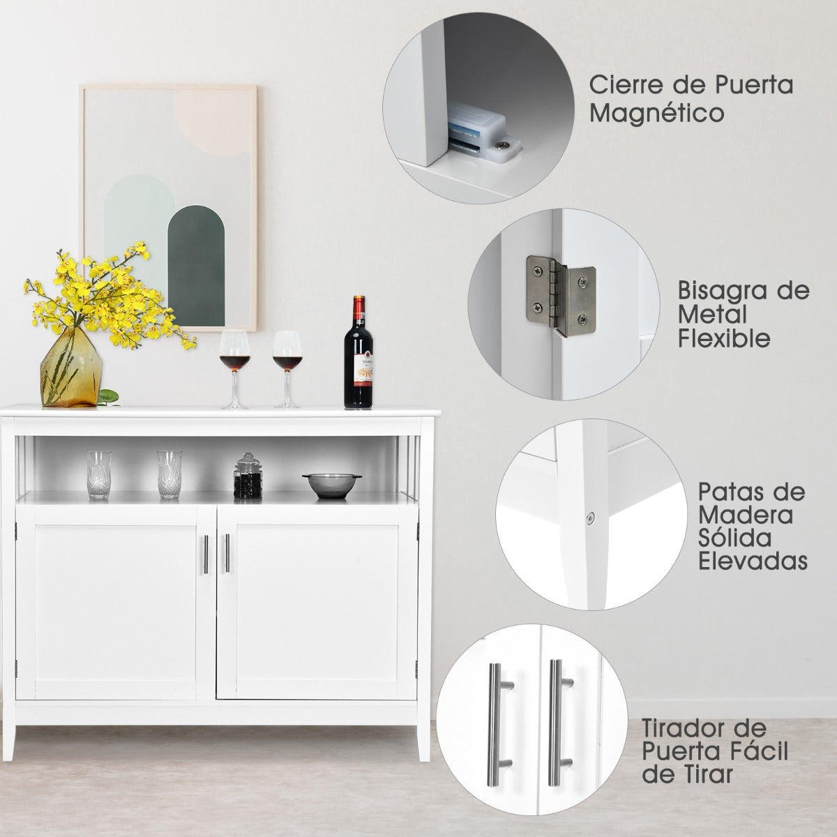 Aparador Moderno de Cocina con Estante Regulable y 2 Puertas Mueble Auxiliar Tabla de Madera para Comedor y Salón 114 x 51 x 91 cm Blanco