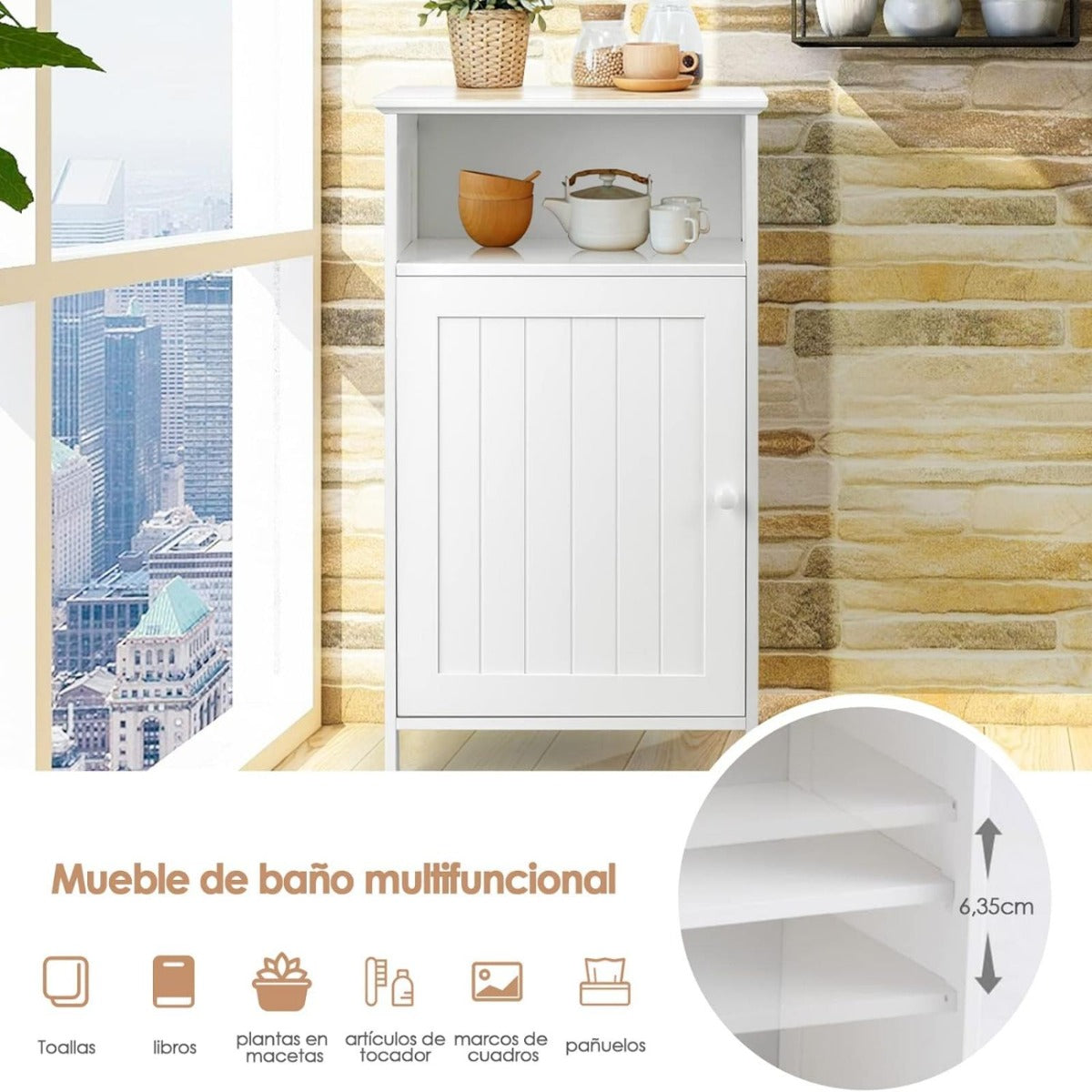 Armario para Baño Aramrio Madera Multifuncional con Puerta Individual y Repisa Regulable Organizador Moderno 40 x 30 x 70 cm Blanco