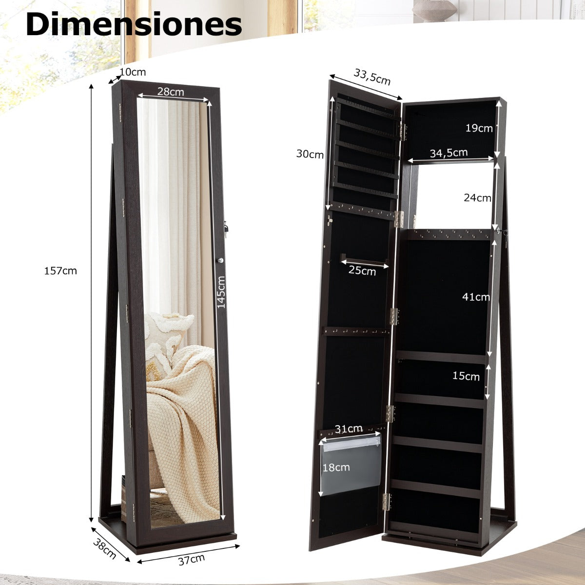 Armario para Joyas con Espejo Joyero de Pie Armario de Joyería Giratorio con Cerradura 91 Ranuras para Anillos 38 x 38 x 157,5 cm Marrón Oscuro