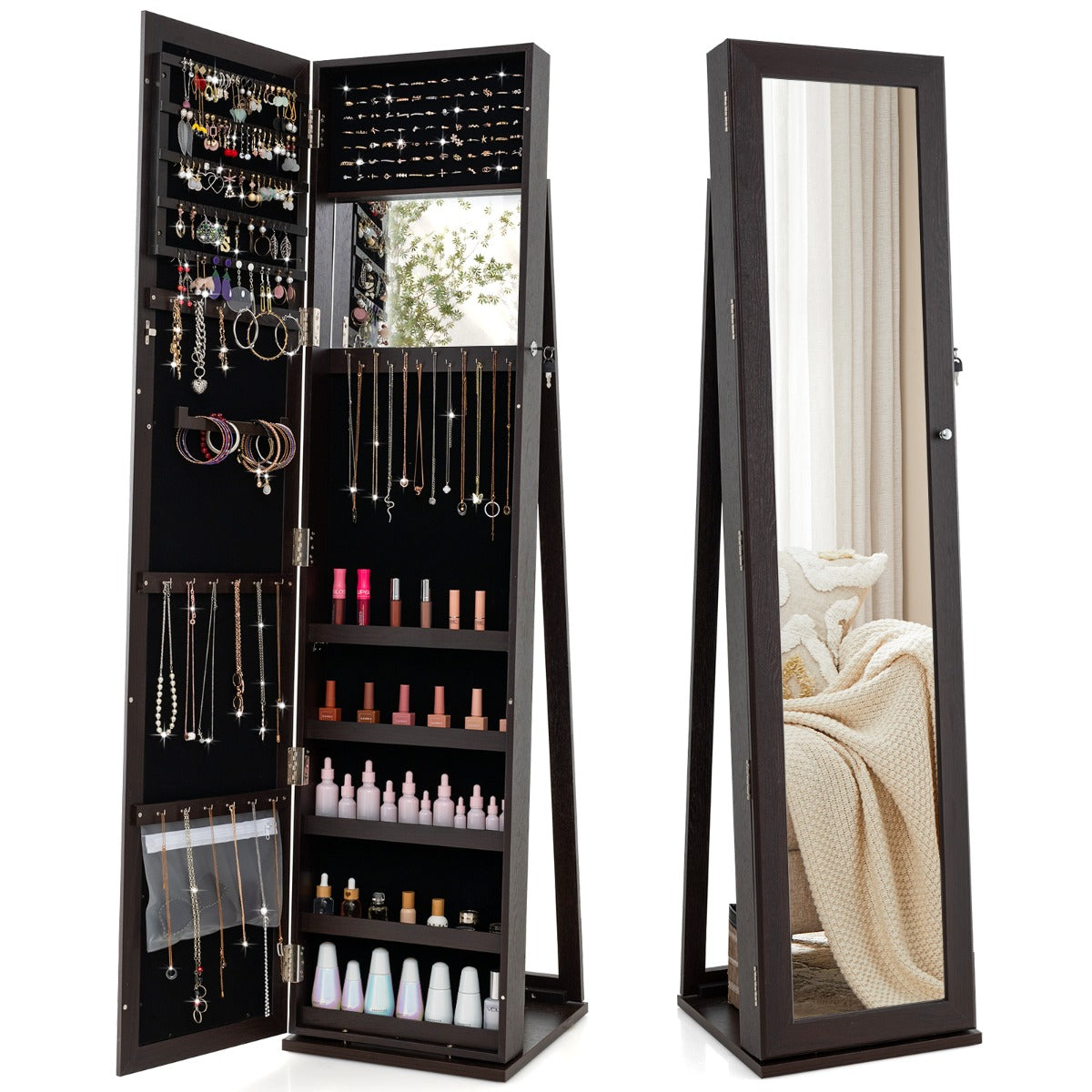 Armario para Joyas con Espejo Joyero de Pie Armario de Joyería Giratorio con Cerradura 91 Ranuras para Anillos 38 x 38 x 157,5 cm Marrón Oscuro