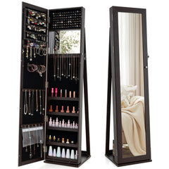 Armario para Joyas con Espejo Joyero de Pie Armario de Joyería Giratorio con Cerradura 91 Ranuras para Anillos 38 x 38 x 157,5 cm Marrón Oscuro