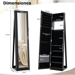 Armario para Joyas con Espejo Joyero de Pie Armario de Joyería Giratorio con Cerradura 91 Ranuras para Anillos 38 x 38 x 157,5 cm Negro