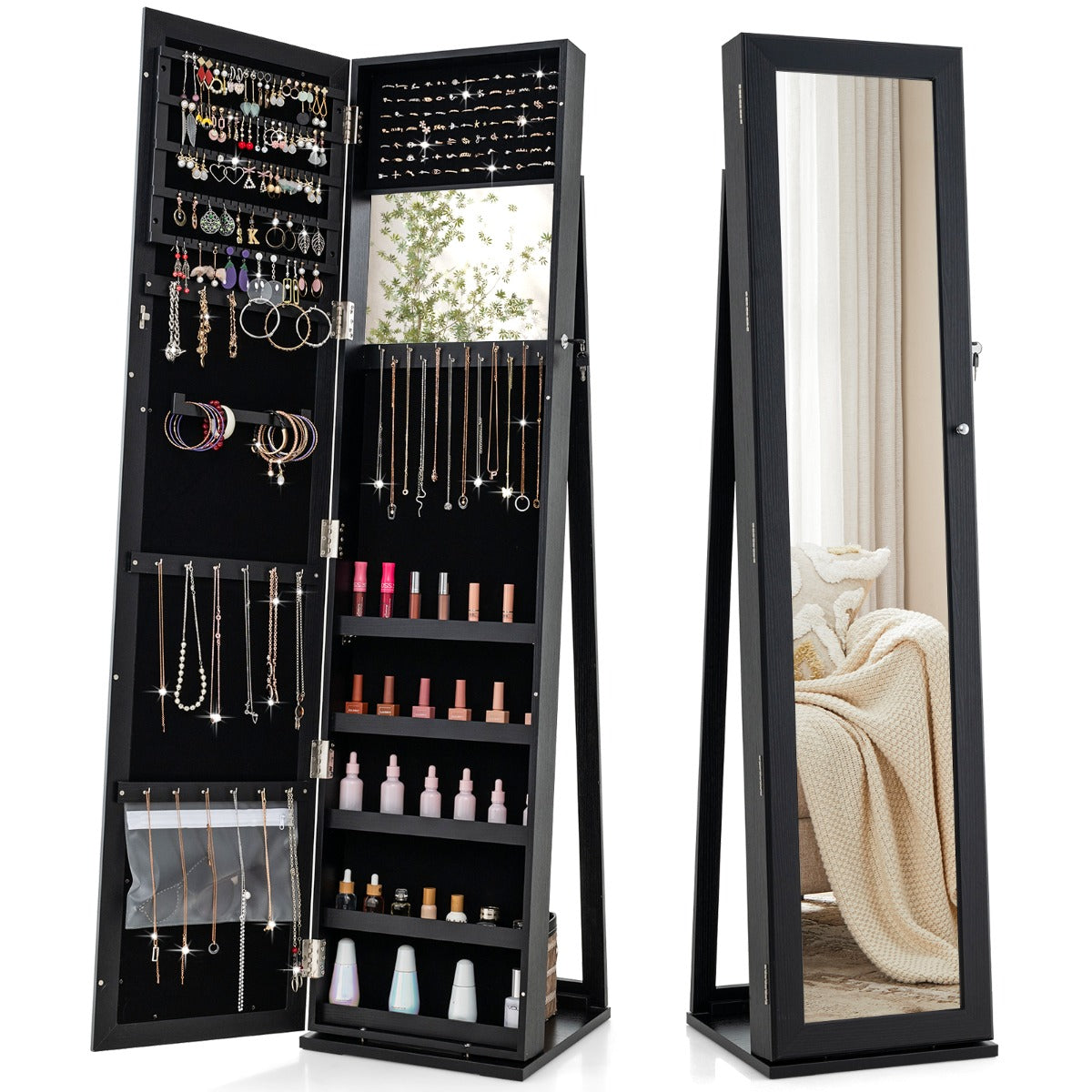 Armario para Joyas con Espejo Joyero de Pie Armario de Joyería Giratorio con Cerradura 91 Ranuras para Anillos 38 x 38 x 157,5 cm Negro